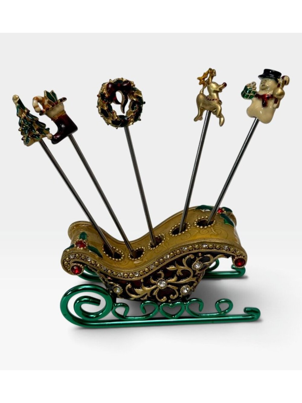 BOMBAY Holiday Sleigh Cocktail Picks Set of 5 Jeweled Red Gold Christmas Decor
